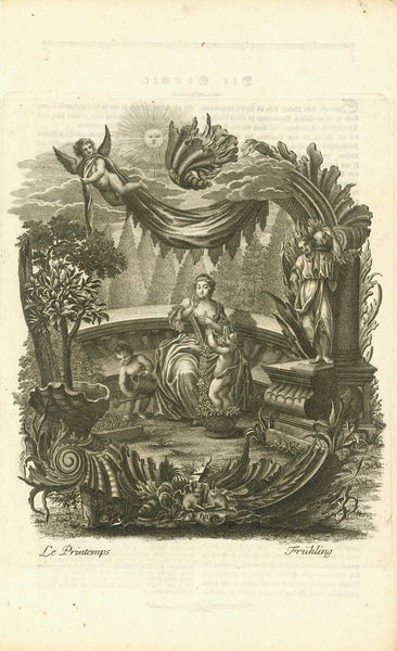 Four anonymous copper etchings of high quality.  Published as: "Schilderung der vier Jahreszeiten: der Jugend gewidmet".  Explanation of the four seasons: dedicated to the youth.  Nuremberg, 1785, interior design, wall decoration, ideas, idea, gift ideas, present, vintage, charming, special, decoration, home interior, living room design