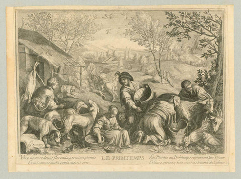 "Le Primtemps" (Printemps - Spring)  Copper etching after the painting by Bassano.  The Bassano family was headed by Jacopo Bassano (who took the name of Bassano de Grappa, a village in Veneto, near Venice, for a family name. He lived from 1515-1592.  The first of four seasons of the year.  Age-toned. Trimmed. Narrow margins, widened a bit on three sides Natural age toning..  Paris, ca. 1680 / 1730  Original antique print , interior design, wall decoration, ideas, idea, gift ideas, present, vintage, charmin