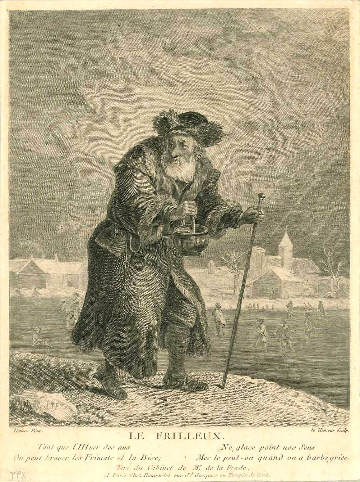 Winter  "Le Frilleux"  Copper etching by Jean Charles Levasseur (1734-1816)  After the painting by David Tenier (1610-1690)  Grim, cold winter time, personified by and old man. On a frozen over lake scatters other people having fun.  An epigram in French tells about the fierceness of winter.  The owner of the original painting was a certain Mr. de la PradeAnd the etching was done ca. 1780/90 in Paris  Original antique print , interior design, wall decoration, ideas, idea, gift ideas, present, vintage, charm