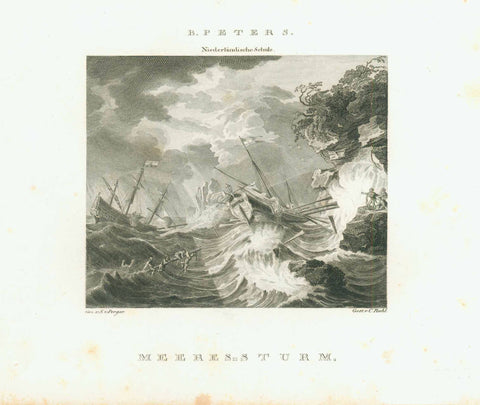 "Meeres-Sturm"  Ships, Weather, Storm, Ocean, Ozean, Oceano  Steel engraving by Rahl after S. Von Perger ca 1850.  Original antique print  