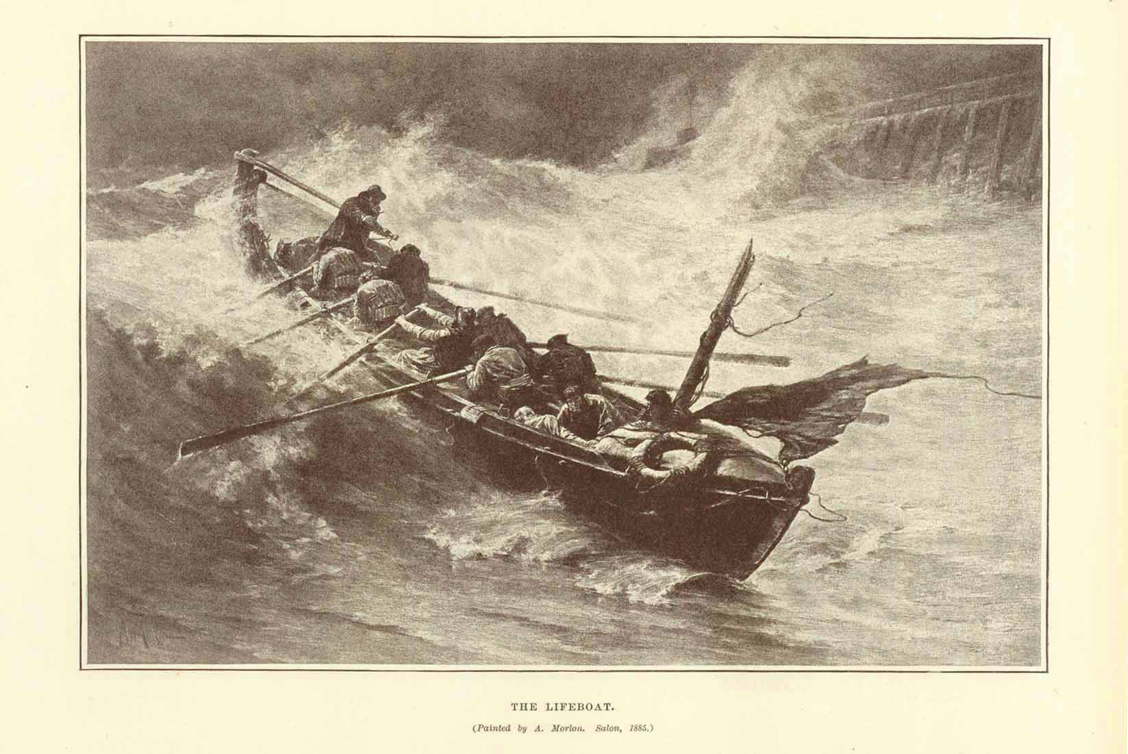 "The Lifeboat"  Wood engraving made after a painting by A. Marion. Published 1895. On the reverse side is text about Italian art.  15.5 x 23.5 cm ( 6.1 x 9.2 ")
