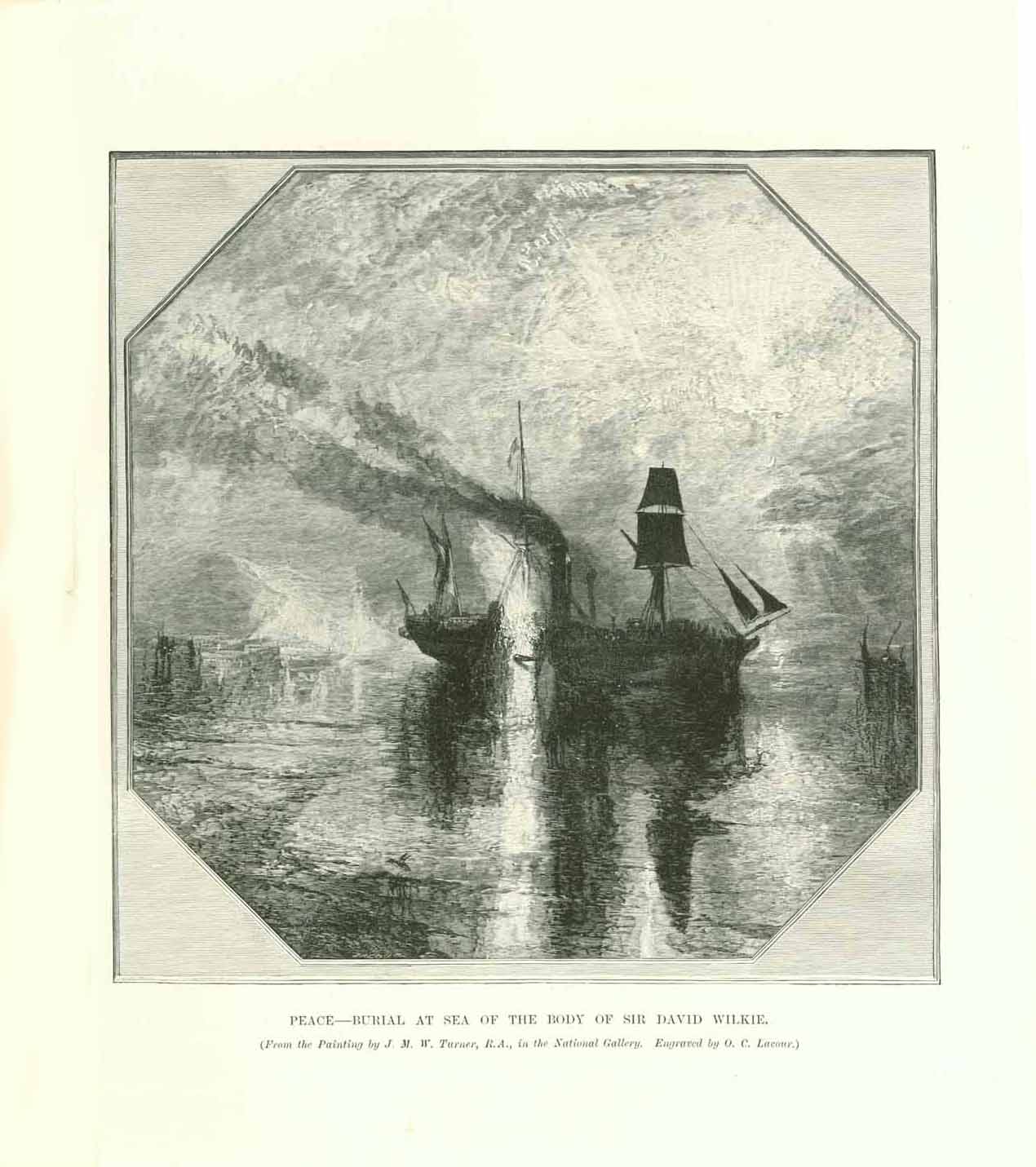 "Peace. - Burial at Sea of the Body of Sir David Wilkie"  Wood engraving after a painting by J. M. W. Turner. Published 1895. 17 x 17 cm (6.6 x 6.6 ")  