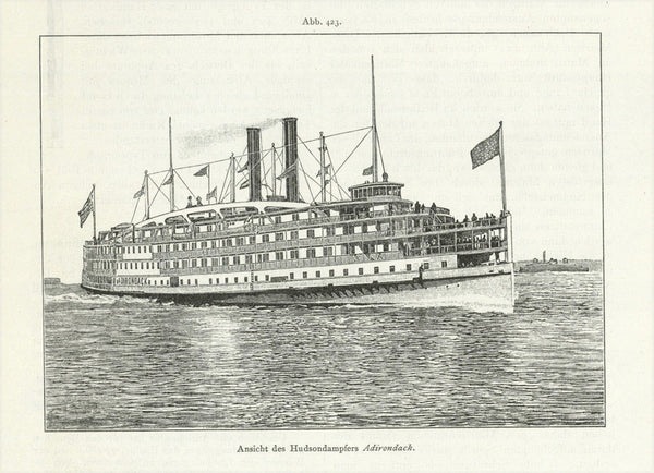 "Die Maschineneinrichtung des Hudsondampfers Adirondack"  17 x 14 cm ( 6.6 x 5.5 ")  Each of the two images is on a separate page. The images are surrounded by text about the famous Hudson steamboat. Text continues on reverse sides.