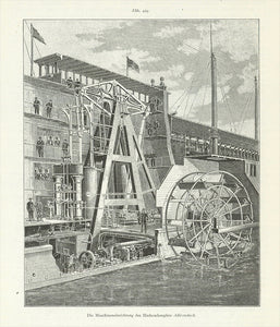 "Die Maschineneinrichtung des Hudsondampfers Adirondack"  17 x 14 cm ( 6.6 x 5.5 ")  Each of the two images is on a separate page. The images are surrounded by text about the famous Hudson steamboat. Text continues on reverse sides.