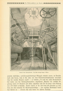 "Inneres eines Unterseebootes. Die Hoehe betraegt knapp 2 Meter" (Inside a submarine. The height is hardly 2 meters)  Wood engraving on a page of text published 1809. The text about submarines continues on the reverse side. Light natural age toning.  Original antique print 