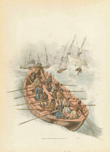 No title. Sea rescuers heading in a row boat to save sailors from ships in a storm  SEA RESCUE - Seenotrettung - Havarie - Sea Average  Hand-colored anonymous aquatinta  Published by William Miller (1769-1844)  Dated 1805. But watermark i paper 1817  Original antique print 