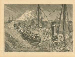 "Rettung der Mannschaft der untergegangenen franzoesischen Panzerschiffes "L'Arrogante"  Ship, Schiffe, Rettung, Panzerschiff, Iron-clad ship, Rescue boat  (Saving the crew of the sunken French ironclad ship "L'Arrogante")  Wood engraving published 1879.