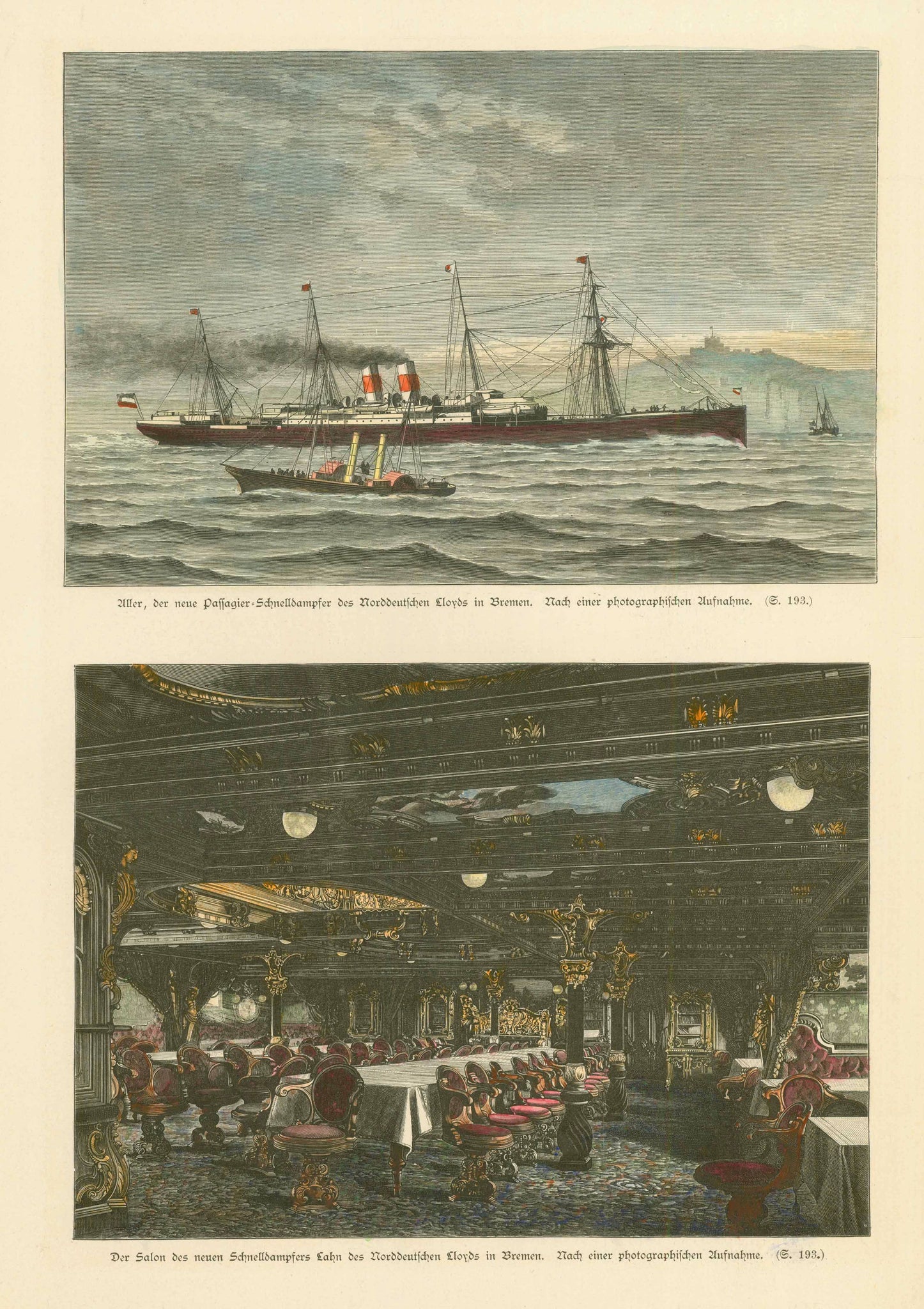 Upper image: "Aller, der neue Passagier Schnelldampfer des Norddeutschen Lloyds in Bremen" Lower image: "Das Salon des neuen Schnelldampfers Lahn des Norddeutschen Lloyds in Bremen"  Wood engravings published 1888.  Original antique print  