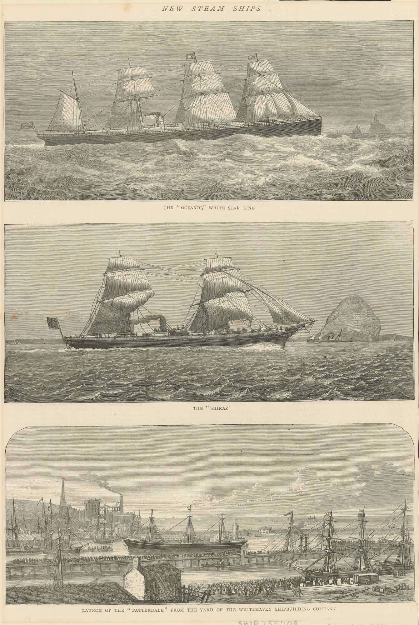 "New Steam Ships"  Ships, Steam Ships, Whitehaven, Patterdale, White Stare Line  Upper image: "The "Oceanic" White Star Line" Middle image: "The "Shiraz" Lower image: "Launch of the "Patterdale" From The Yard Of The Whitehaven Shipbuilding Company"  Wood engravings published 1871.  Original antique print  