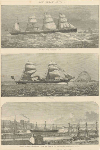 "New Steam Ships"  Ships, Steam Ships, Whitehaven, Patterdale, White Stare Line  Upper image: "The "Oceanic" White Star Line" Middle image: "The "Shiraz" Lower image: "Launch of the "Patterdale" From The Yard Of The Whitehaven Shipbuilding Company"  Wood engravings published 1871.  Original antique print  