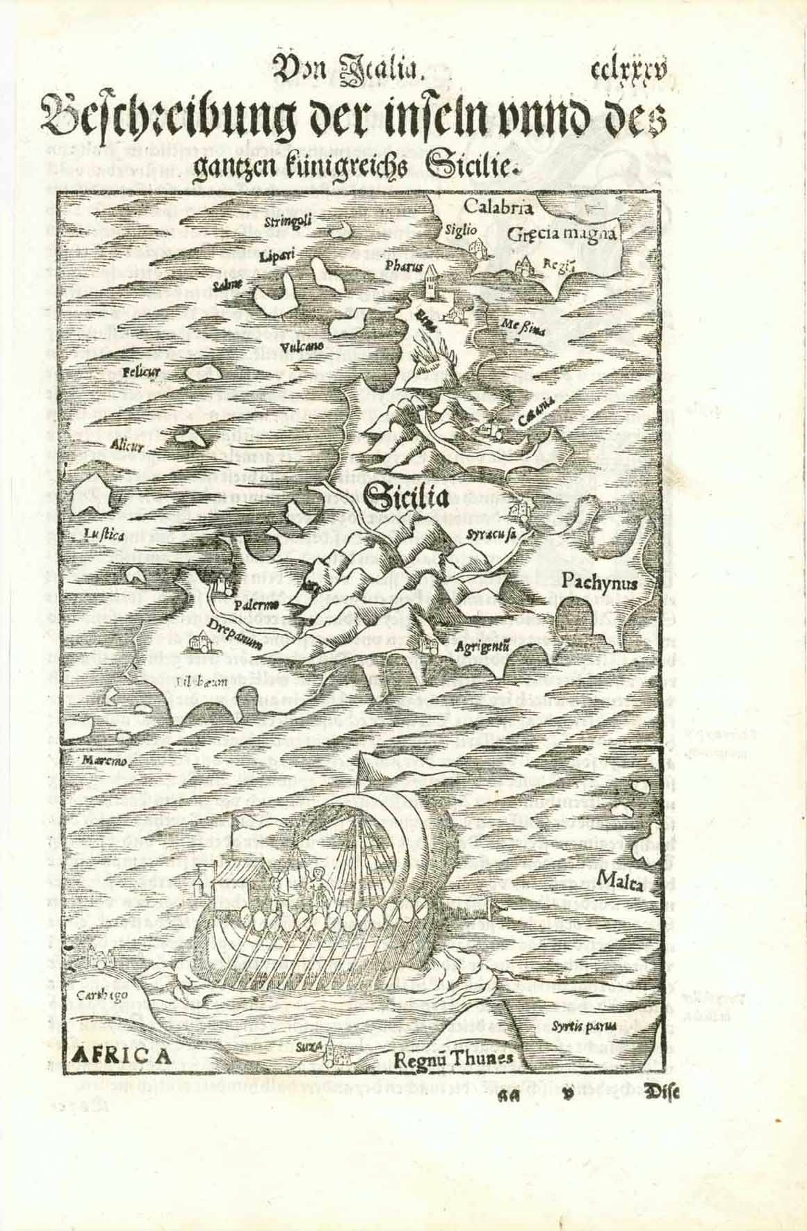 Sicily. - "Von Italia Beschreibung der inseln unnd des gantzen kuenigreichs Sicilie"  The island of Sicily and surrounding islands. The south tip of Calabria and the north tip of Africa.  Woodcut. Published in "Cosmographia" by Sebastian Muenster (1488-1552) German edition.  Basel, 1553  Original antique print   For a 30% discount enter MAPS30 at chekout interior design, wall decoration, ideas, idea, gift ideas, present, vintage, charming, special, decoration, home interior, living room design