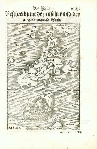 Sicily. - "Von Italia Beschreibung der inseln unnd des gantzen kuenigreichs Sicilie"  The island of Sicily and surrounding islands. The south tip of Calabria and the north tip of Africa.  Woodcut. Published in "Cosmographia" by Sebastian Muenster (1488-1552) German edition.  Basel, 1553  Original antique print   For a 30% discount enter MAPS30 at chekout, interior design, wall decoration, ideas, idea, gift ideas, present, vintage, charming, special, decoration, home interior, living room design