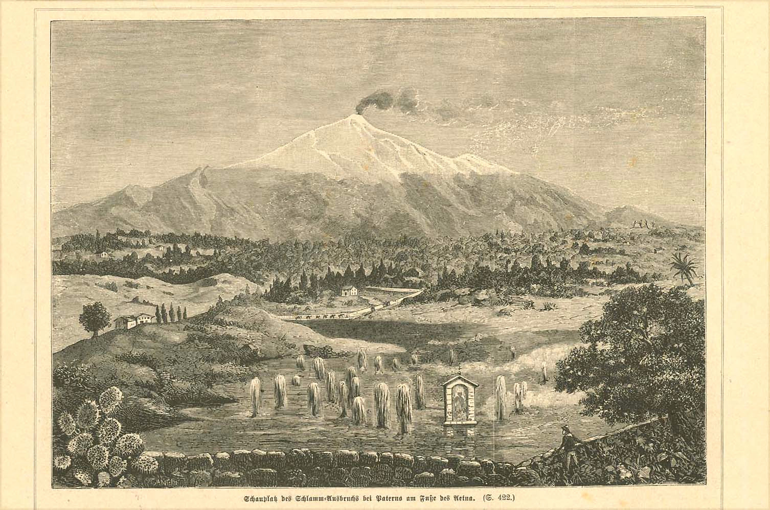 Sicily, Etna, "Schauplatz des Schlamm-Ausbruchs be Paterno am Fusse des Aetna" (Location of the mud eruption by Paterno at the foot of Mt. Etna)  Wood engraving published 1879.  Original antique print , interior design, wall decoration, ideas, idea, gift ideas, present, vintage, charming, special, decoration, home interior, living room design