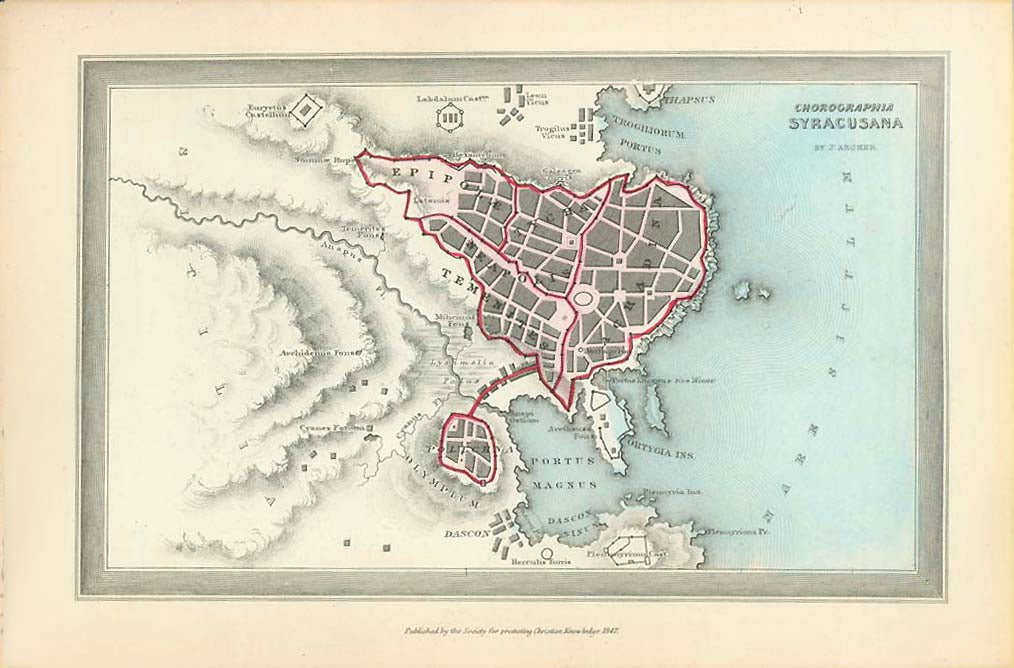 Maps, Italy, Sicily, Sicilia, Syracus, "Chorographia Syracusana"  Rare copper engraving map by Joshua Archer (1792-1863) Published by the Society for Promoting Christian Knowledge in 1847.  Original antique print    For a 30% discount enter MAPS30 at chekout Very attractive original hand coloring. 