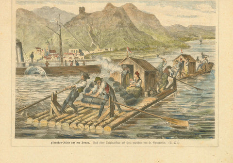 Antique print, alter Stich, "Slovaken-Floesse auf der Donau" Theben in background???  Hand-colored wood engraving after the drawing by Heinrich Egersdoerfer (1853-1915)  Leipzig, ca. 1880  Original antique print   interior design, wall decoration, ideas, idea, gift ideas, present, vintage, charming, special, decoration, home interior, living room design 