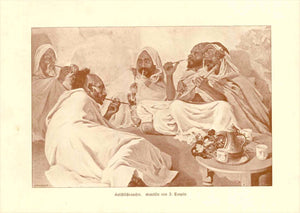 Haschischraucher (Hashish, Smoking)  Toned wood engraving by Schreiber after a painting by Jules Charles Clément Taupin (French, 1863-1932).  Published ca 1890.  Original antique print, interior design, wall decoration, ideas, idea, gift ideas, present, vintage, charming, special, decoration, home interior, living room design