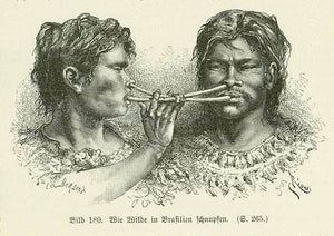 "Wie Wilde in Brasilien schnupfen"  Colonial View   Wood engraving showing two Braziliens smoking (inhaling?) using a double pipe.  Original antique print , interior design, wall decoration, ideas, idea, gift ideas, present, vintage, charming, special, decoration, home interior, living room design