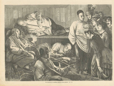 "Eine Opiumkneipe im chinesischen Quartiere zu San Francisco"  Wood engraving published 1879 showing an opium bar in San Francisco.  Original antique print  