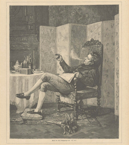 Antique print, Genre, Smoking, Dusting Feathers, "Wenn der Herr ausgegangen ist" (when the master is gone)  The servant has dropped his dusting feathers and enjoys being in his master's chair smoking a cigar and reading the newspaper!  Wood engraving published 1879.