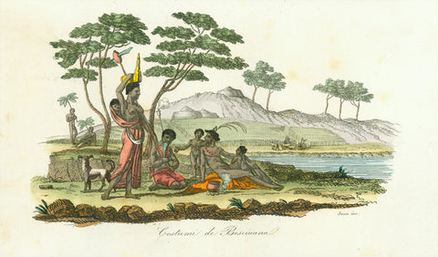 "Costumi de Besciuana"  Originally hand-colored copper etching by Sassa.  Published in "Il costume antico e moderno o storia del governo, della milizia"  This African people call themselves AmaXhosa or simply Xhosa. They live in the Eastern Cape Province of South Africa and belong to the Bantua people.  Rome, 1820