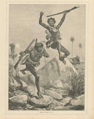 "Kaffern auf der Flucht" (Kaffers - Southern African term used to refer to the Bantu peoples - escaping)  Wood engraving published 1879.  Original antique print , interior design, wall decoration, ideas, idea, gift ideas, present, vintage, charming, special, decoration, home interior, living room design