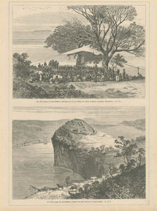 Colonial History, Upper image: "Der Krieg gegen die Zulu-Kaffern: Vorlesung des an den Koeninig der Zulus gerichteten englischen Ultimatums" Lower image: "Die Krieg gegen den Zulu-Kaffern: Ansicht von Fort Pearson am Tugela-Flusse"  Wood engravings from a German source published 1879.  Original antique print 