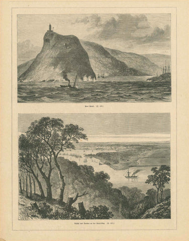 South Africa  Upper image: "Port Natal" Lower image: "Ansicht von Durban an der Natal-Bay"  Wood engravings published 1879.  Original antique print  