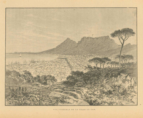Cape Town, Table Bay, "Vue generale de la Ville Du Cap"  Zincograph published ca 1890. On the reverse side is text about South Africa.  Original antique print  