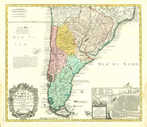 "Typus Geographicus Chili a Paraguay Freti Magellanici"  Originally hand-colored copper etching.  Published by the heirs of Johann Baptist Homann.  Nuremberg, 1733  This map of the southern portion of South America goes back to a publication