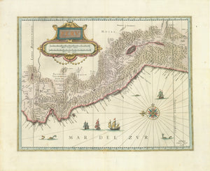 "Peru"  Copper engraving map by Willem Blaeu ca 1640. This decorative map is east-oriented. It extends along the Pacific coast from Ecuador in the north to Chile in the south. Hand coloring.  On the reverse side is detailed text ( in German ) about Peru and the Andean region.  The map has many early names of the settlements as well as names of the indigenous tribes, some which no longer exist.