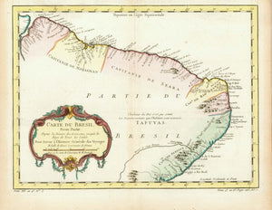 Antique map, antike Karte, "Carte du Bresil, Prem Partie. Depuiis la Rívíere des Amazones jusquà la Baye de Tous les Saints". Copper etching in recent coloring by Bellin after a map by d'Aneville. Ca. 1755.  The title is very precise in the description of this map showing part of the Brazilian coast from the mouth of the Amazon in the north to the Bay of present-day Salvador. Many of the small coastal settlements are shown as well as rivers. A caption tells us that the inland is unknown