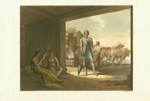 South America, Peoples, Costumes, "Les Indiens Jesuitiques -Pl. 34"  Hand-colored aquatint by Gallo Gallina at Guilio Ferrario. Published in Milan, Tipogr. dell Editore, 1820.  This print was formally part of the edition by Gulio Ferrario's "Le Costume ancien et moderne ou histoire, vol. 8: "Amerique"., interior design, wall decoration, ideas, idea, gift ideas, present, vintage, charming, special, decoration, home interior, living room design