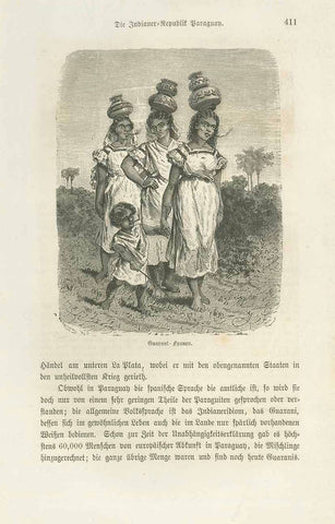 "Guarani Frauen"  Wood engraving published 1877. Below the image and on the reverse side is German text about the peoples and culture of Paraguay.  Original antique print , interior design, wall decoration, ideas, idea, gift ideas, present, vintage, charming, special, decoration, home interior, living room design