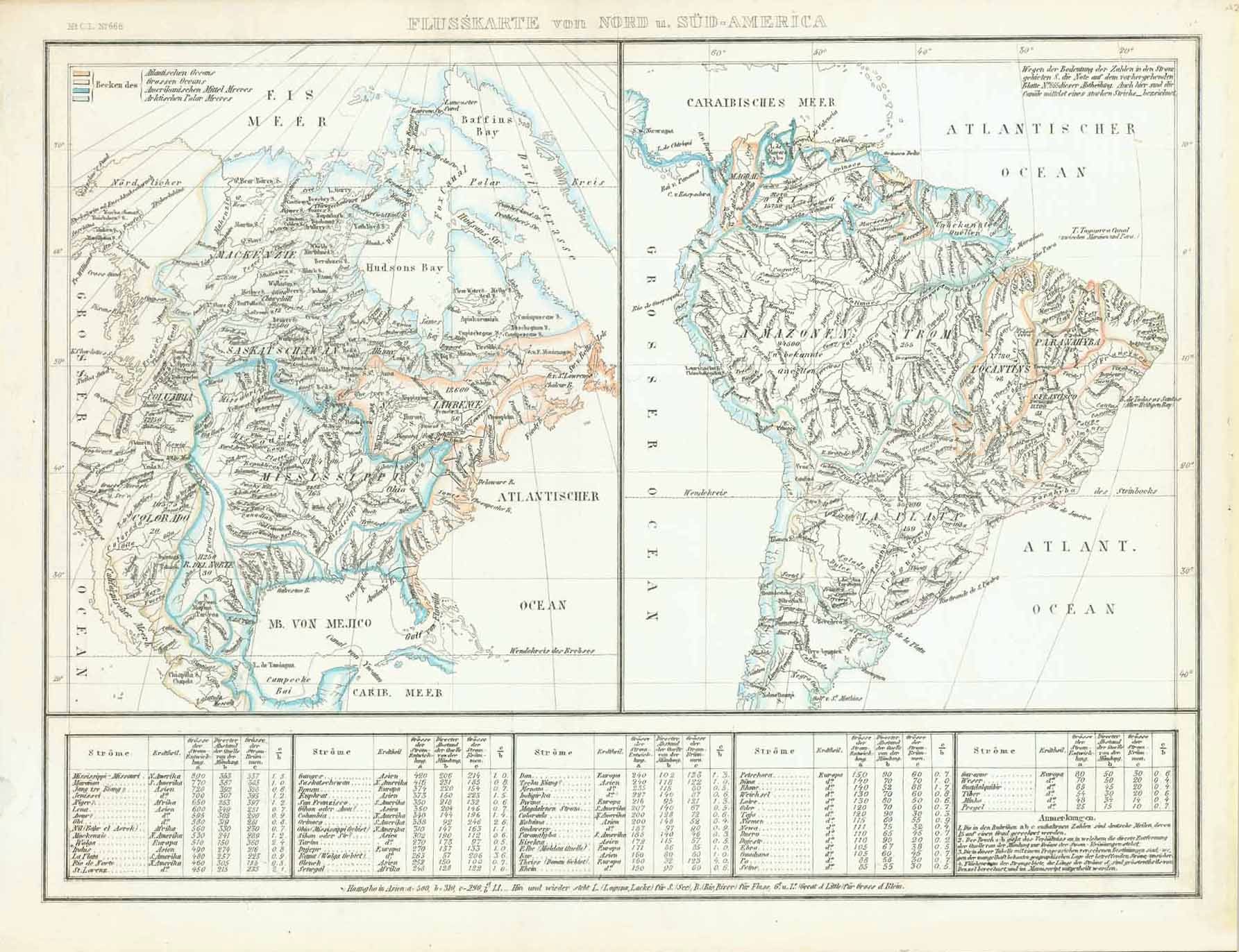 "Flusskarte von Nord u. Sued-America" (River map of North and South America)  Steel engraving map publish 1859. Original outline coloring. Below the map image are tables of the major rivers of the world with statistics showing length and other information.  Original antique print  