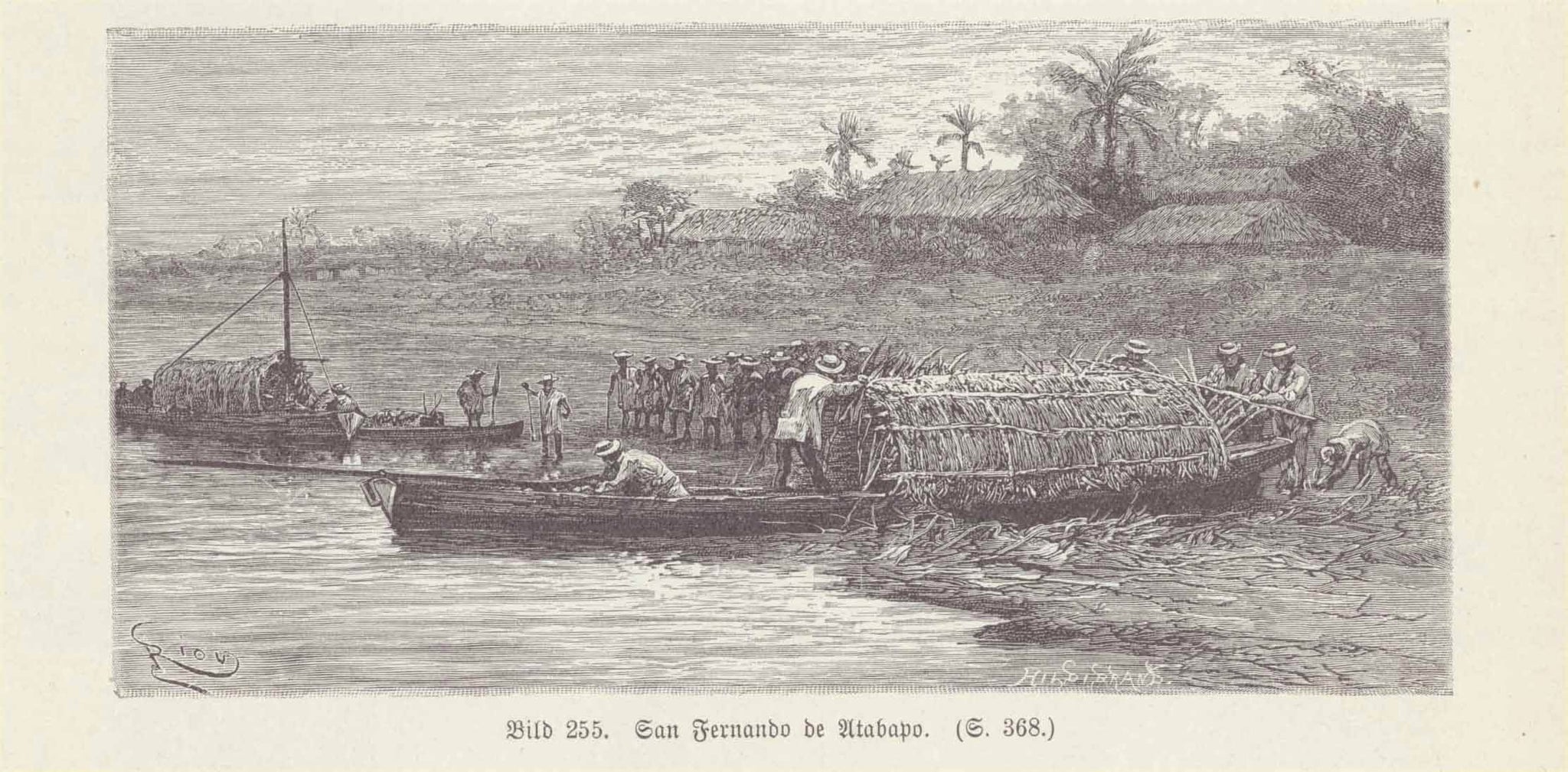 "San Fernando de Atabapo" (Venezuela)  Wood engraving on a page of text about early exploration on the Orinoco River.  Original antique print    On the reverse side is an image of the Orinoco by Caicara. Published 1895.