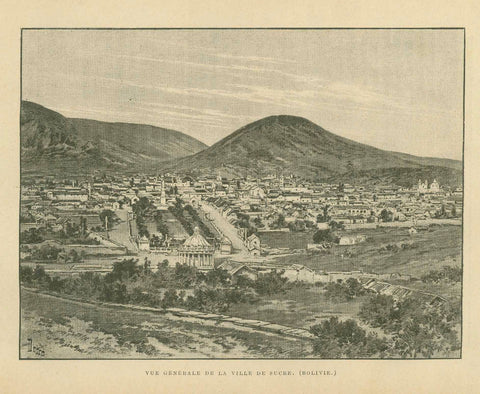 "Vue Generale De La Ville De Sucre. (Bolivie)"  City Views, Bolivia, Sucre  Zincograph published ca 1890. , Original antique print  interior design, gift ideas, vintage, decoration 