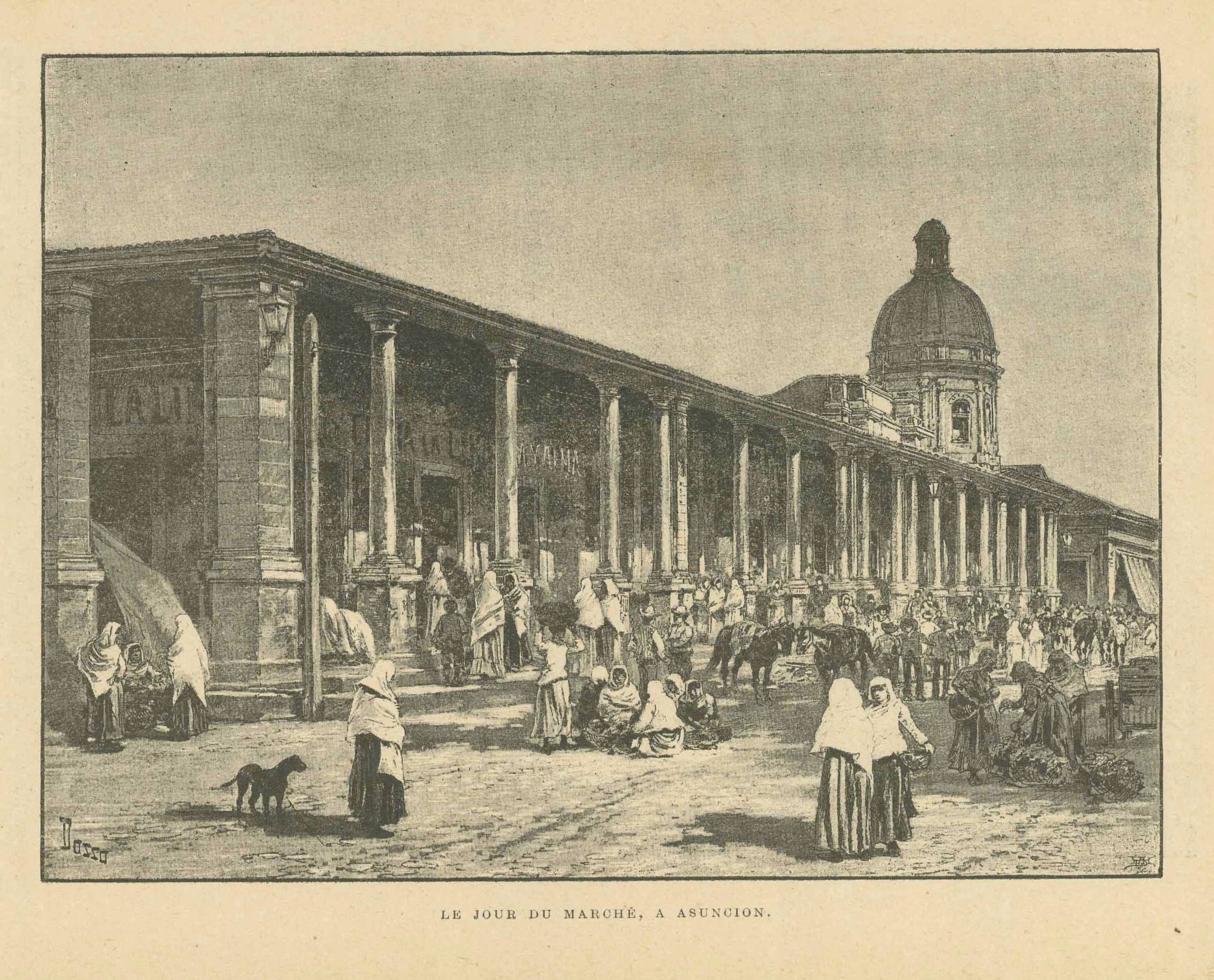 "Le Jour de Marche, an Asuncion"  Paraguay, Asuncion, Markt, Mercado  Zincograph published ca 1890.  Original antique print  interior design, wall decoration, ideas, idea, gift ideas, present, vintage, charming, special, decoration, home interior, living room design 