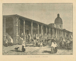 "Le Jour de Marche, an Asuncion"  Paraguay, Asuncion, Markt, Mercado  Zincograph published ca 1890.  Original antique print  interior design, wall decoration, ideas, idea, gift ideas, present, vintage, charming, special, decoration, home interior, living room design 