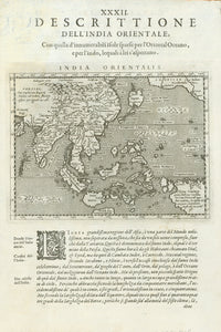 Antique map, China, Japan, Southeast Asia south to New Guinea  Type of print: Copper etching  Artist: Girolamo Porro  Published in: "Geografia cioe Descrittione Universale della Terra"  Publisher: Gio. Battista & Giorgio Galignani Fratelli  Edition: Italian edition  Editor: Giovanni Antonio Magini (1555-1617)  Text: Italian. Complete on front and on reverse side  Published in:Venice  Date: 1598