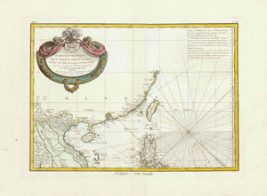 This is part 3 of a map consisting of 4 sheets. It was published in Bonne's "Atlas Moderne". The map shows south coast of China with Hong Kong and Macao, the islands of Formosa (Taiwan), Hainan and Penghu Islands. It also shows the northern part of the Philippine island Luzon, North Vietnam, Laos and part of norther Thailand (Siam). Upper right corner is explanatory text.¸