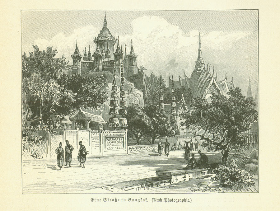 Thailand, Bangkok, "Eine Strasse in Bangkok"  Wood engraving made after a photograph ca 1900. Reverse side is printed.