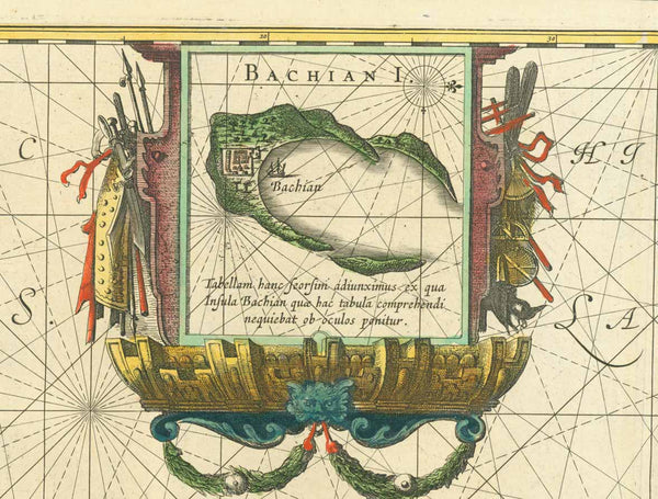 "Moluccae Insulae Celeberrimae"  (also known as the Malaku Islands)  Beautiful copper engraving map by W. Blaeu ca 1640.  Attractive hand coloring. Reverse text in German about the Malaku Islands. Formally known as the Spice Islands. The islands shown are: Bachian, Machian, Timor alias Motir, Potterbackers Eylandt, Tidoro and Ternate.