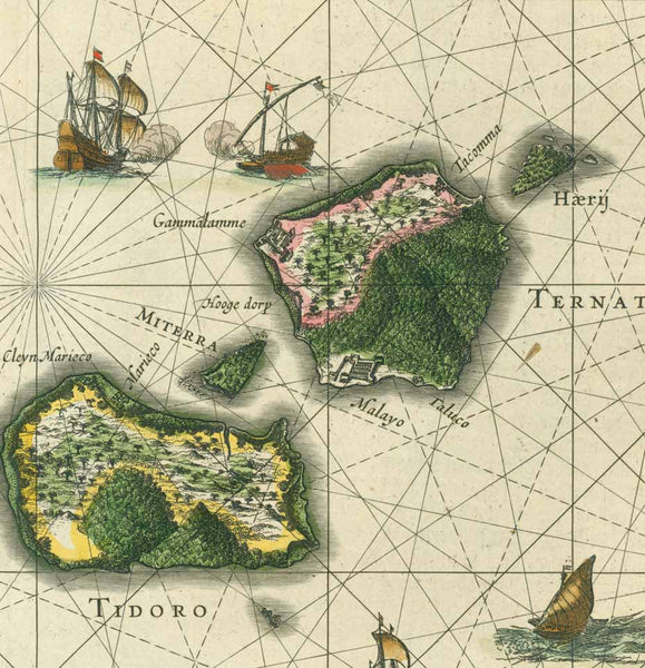 "Moluccae Insulae Celeberrimae"  (also known as the Malaku Islands)  Beautiful copper engraving map by W. Blaeu ca 1640.  Attractive hand coloring. Reverse text in German about the Malaku Islands. Formally known as the Spice Islands. The islands shown are: Bachian, Machian, Timor alias Motir, Potterbackers Eylandt, Tidoro and Ternate.