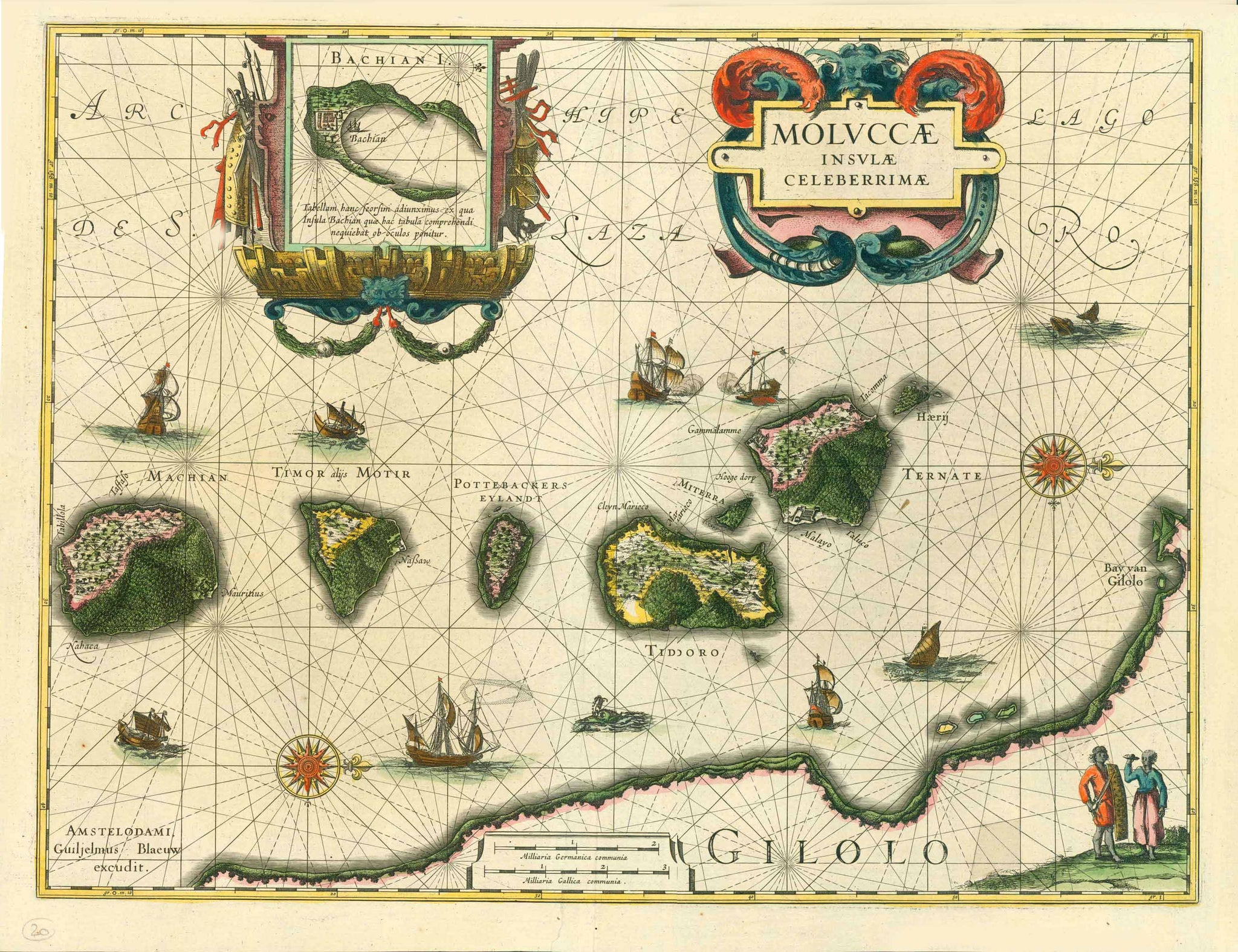 "Moluccae Insulae Celeberrimae"  (also known as the Malaku Islands)  Beautiful copper engraving map by W. Blaeu ca 1640.  Attractive hand coloring. Reverse text in German about the Malaku Islands. Formally known as the Spice Islands. The islands shown are: Bachian, Machian, Timor alias Motir, Potterbackers Eylandt, Tidoro and Ternate.