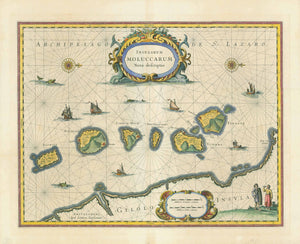 "Insularum Moluccarum Nova descritio"  Molukken  Copper engraving map by Johan Janssonius ( 1588-1664 ). Published 1632. Text on the reverse side in French. Attractive hand coloring.  The islands shown are, Timor, Bachian, Ternate, Machian and Tidore. These islands were earlier known as the Spice Islands. Nutmeg, mace and cloves were harvested mainly on these islands.