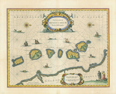 "Insularum Moluccarum Nova descritio"  Molukken  Copper engraving map by Johan Janssonius ( 1588-1664 ). Published 1632. Text on the reverse side in French. Attractive hand coloring.  The islands shown are, Timor, Bachian, Ternate, Machian and Tidore. These islands were earlier known as the Spice Islands. Nutmeg, mace and cloves were harvested mainly on these islands.