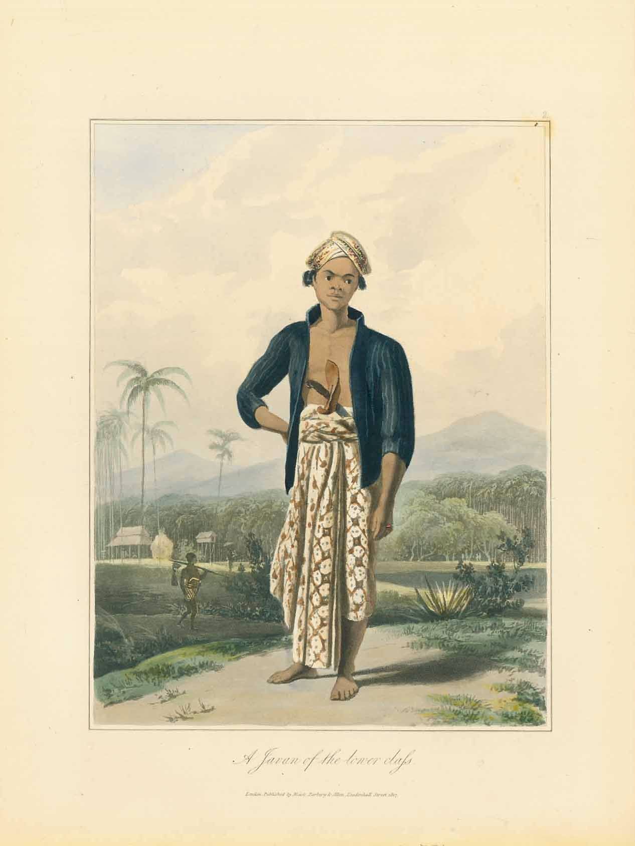 "A Javan of the lower class."  Very fine aquatint print in original hand coloring, published in London, 1827. Rare!  Original antique print , interior design, wall decoration, ideas, idea, gift ideas, present, vintage, charming, special, decoration, home interior, living room design