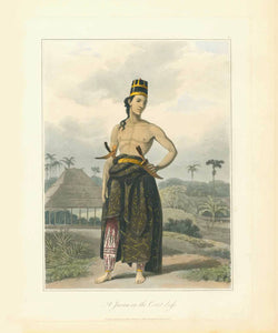 "A Javan in the Court dress"  Very fine aquatint print in original hand coloring, published in London, 1827. Rare!  Original antique print 