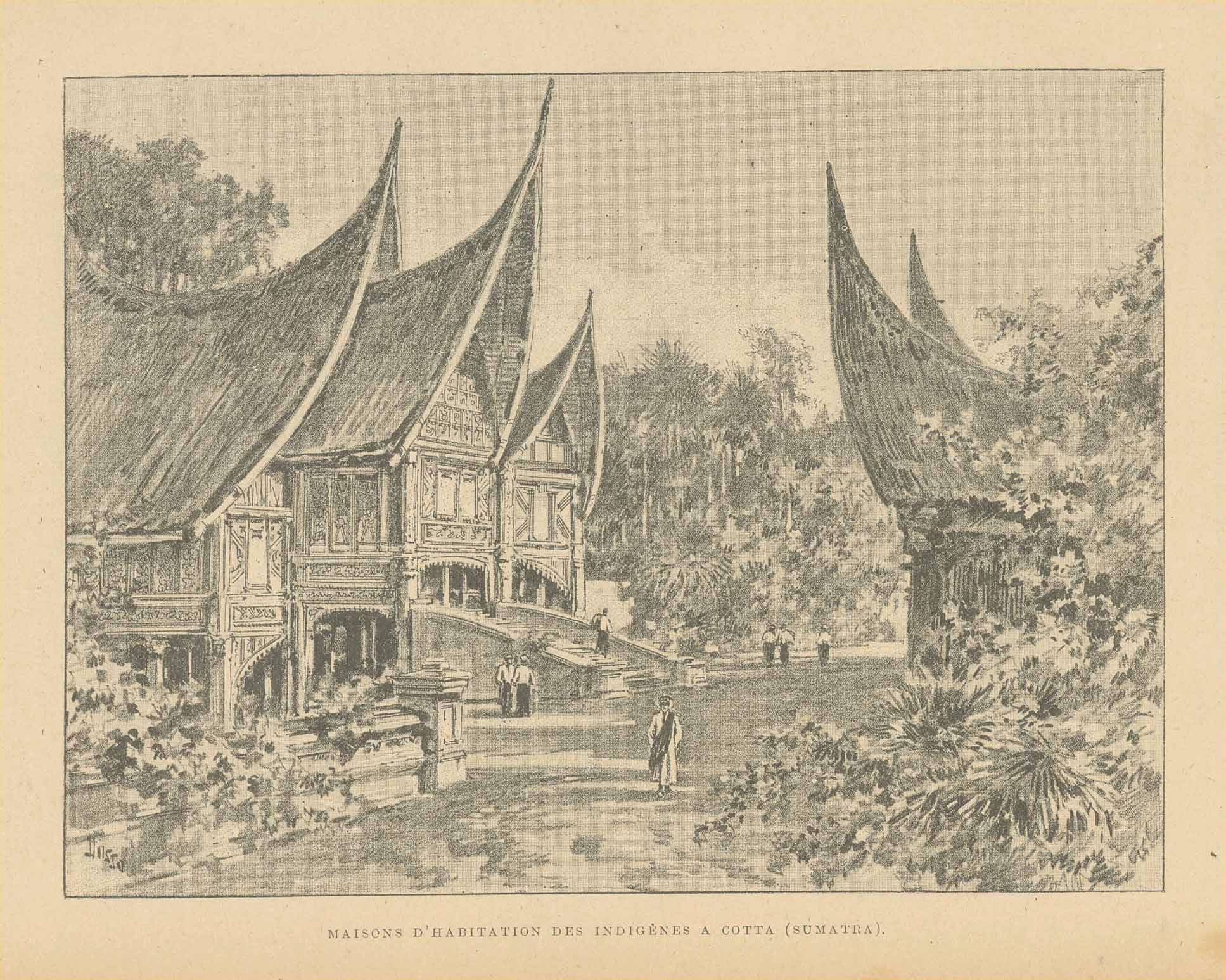 "Maisons D'Habitation Des Indigenes a Cotta (Sumatra)"  Zincograph published ca 1890.  Original antique print  