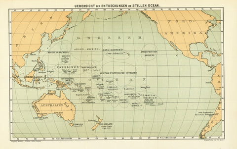 "Uebersicht der Entdeckungen im Stillen Ocean"  Wood engraving map printed in color in 1885. Map shows the various discoveries in the Pacific Ocean at the time.  Map has two vertical folds to fit original book size.